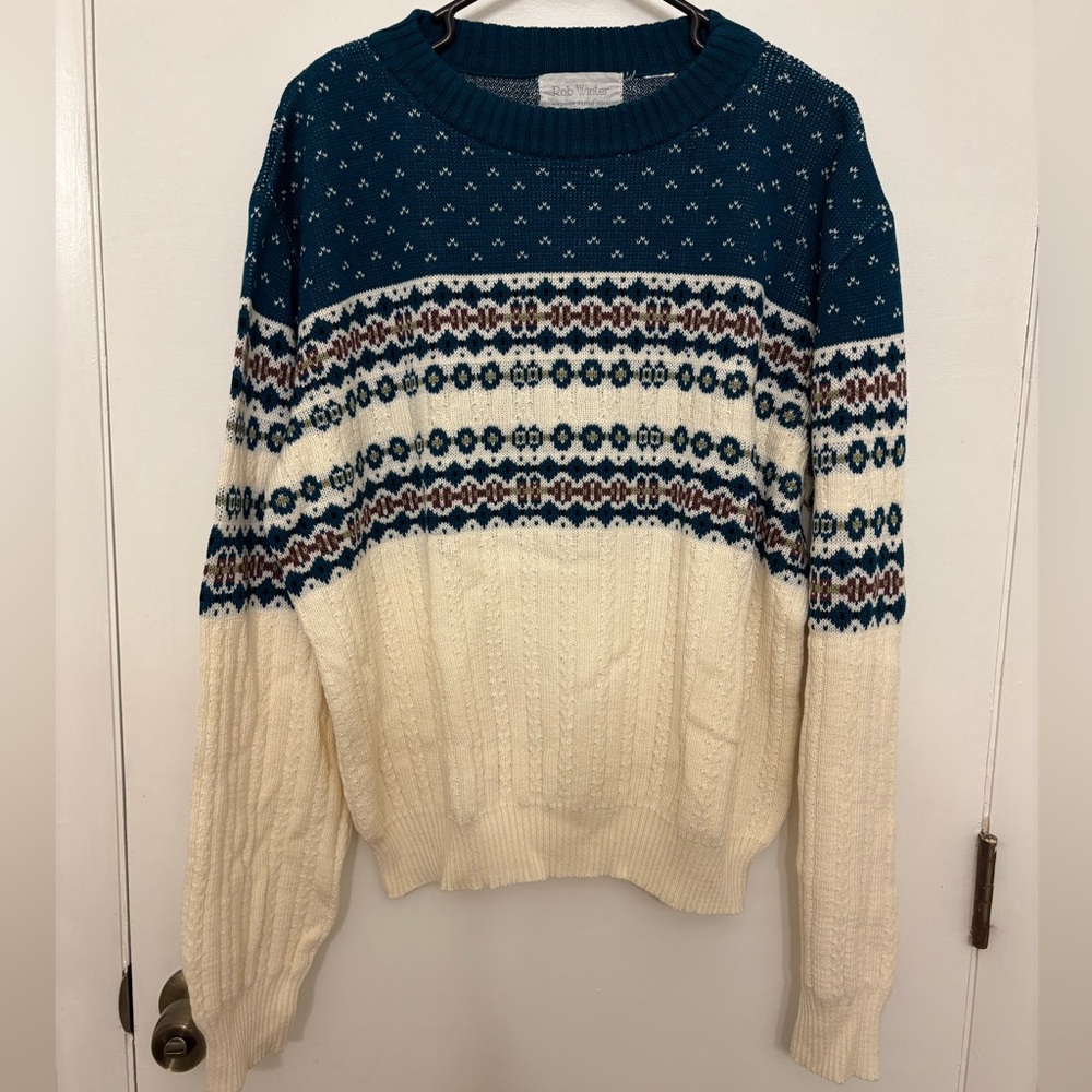 VTG 80s Rob Winter Nordic Cable Knit Sweater Large Teal Blue Ivory Romania Men L